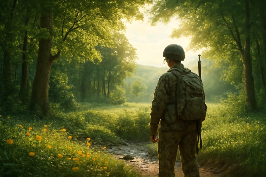 A tranquil scene of a soldier standing at the edge of a lush, green forest, the sunlight filtering through the trees, creating a serene glow. The soldier, in military attire, gazes softly into the woods, with a backdrop of gentle hills and a clear blue sky. In the foreground, vibrant wildflowers bloom, and a small stream trickles nearby, inviting a sense of peace and connection with nature. The overall composition evokes a feeling of calmness and a bridge between the chaos of combat and the tranquility of civilian life. High definition.