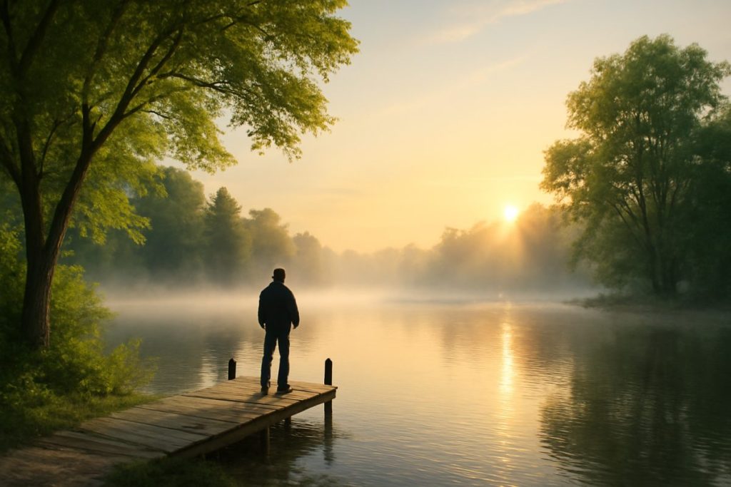 A serene, high-definition image of a tranquil lakeside at dawn, with mist rising from the water. In the foreground, a solitary figure stands on a wooden dock gazing thoughtfully at the horizon. The surrounding trees are lush and vibrant, reflecting a sense of peace and healing, while the soft golden light of the rising sun casts gentle shadows. The scene evokes contemplation and resilience, embodying the journey from trauma to recovery, offering a sense of hope and renewal.